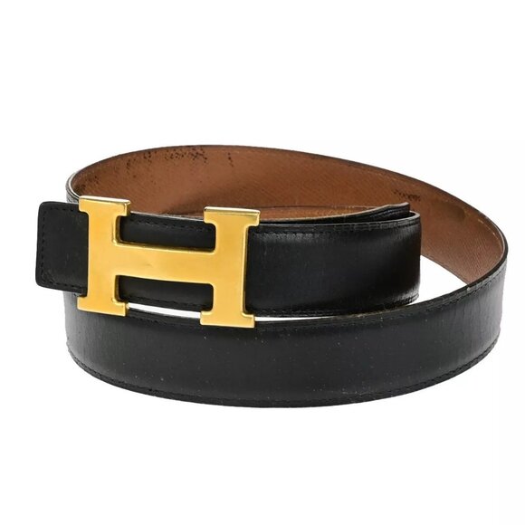 HERMES H Logo Constance Reversible Buckle Belt Leather #90 Black Brown - Picture 1 of 16